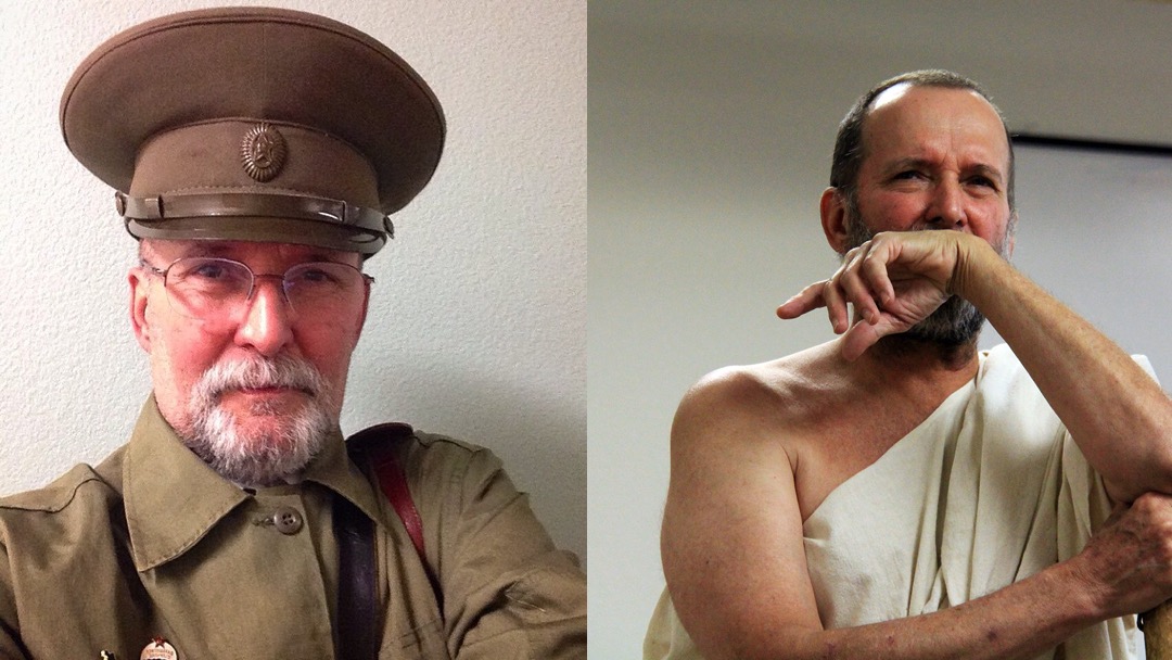 Faculty posing as Stalin and as Socrates.