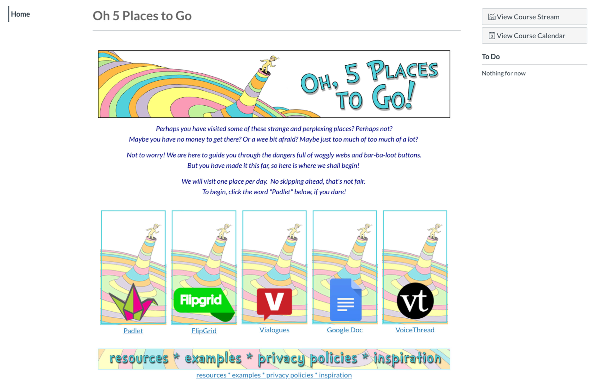 homepage for the class, "Oh the Places You'll Go!"