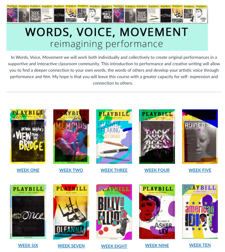 Homepage for a Canvas class with Playbill covers for icons.