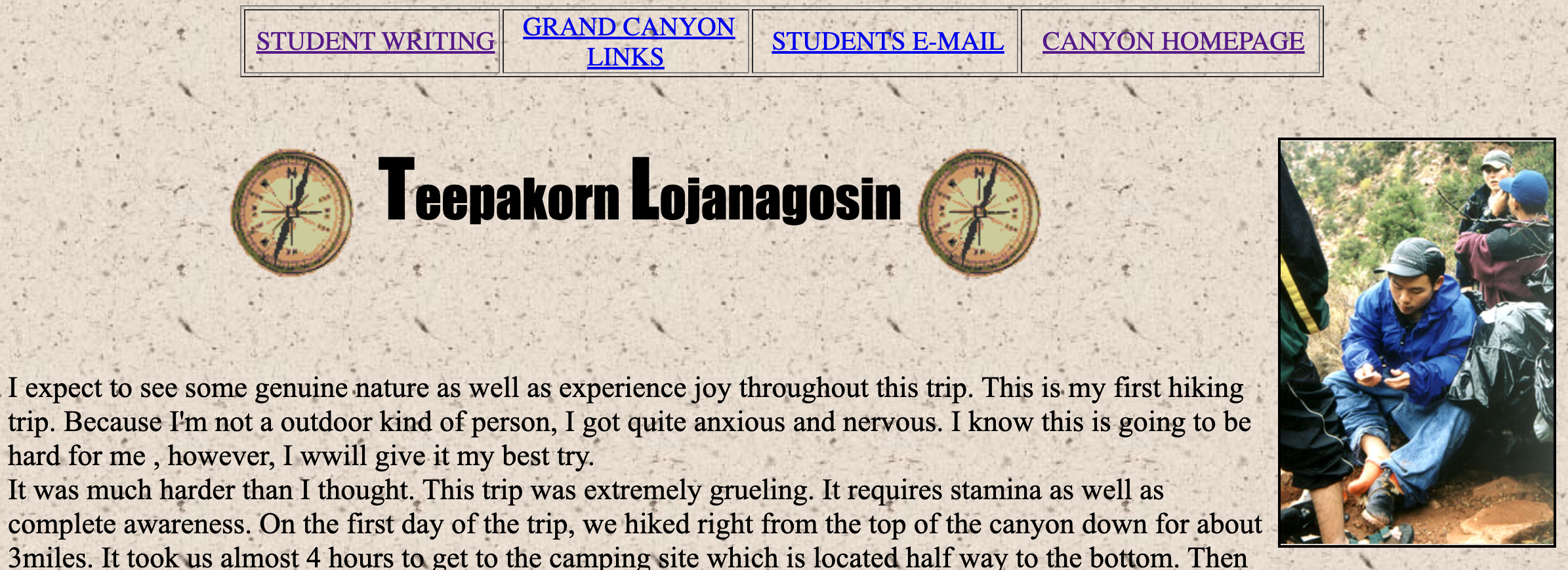 Old website with several links and some brief student writing about trip to the Grand Canyon.