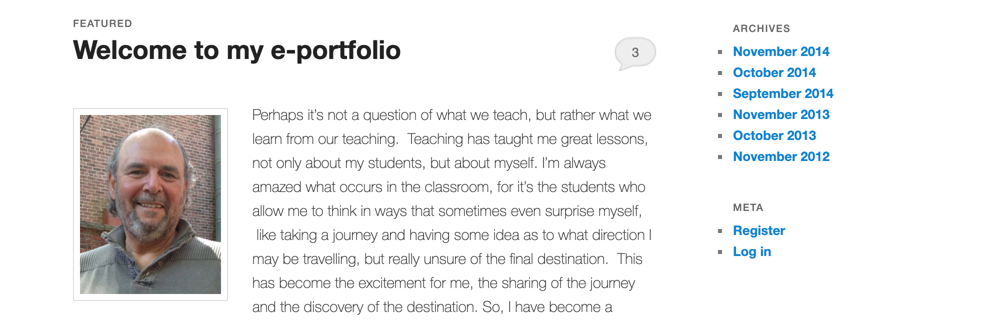 the home page for Sal Buffo. His portfolio has multiple elements including links to writing, classes taught, and refections on his teaching. 