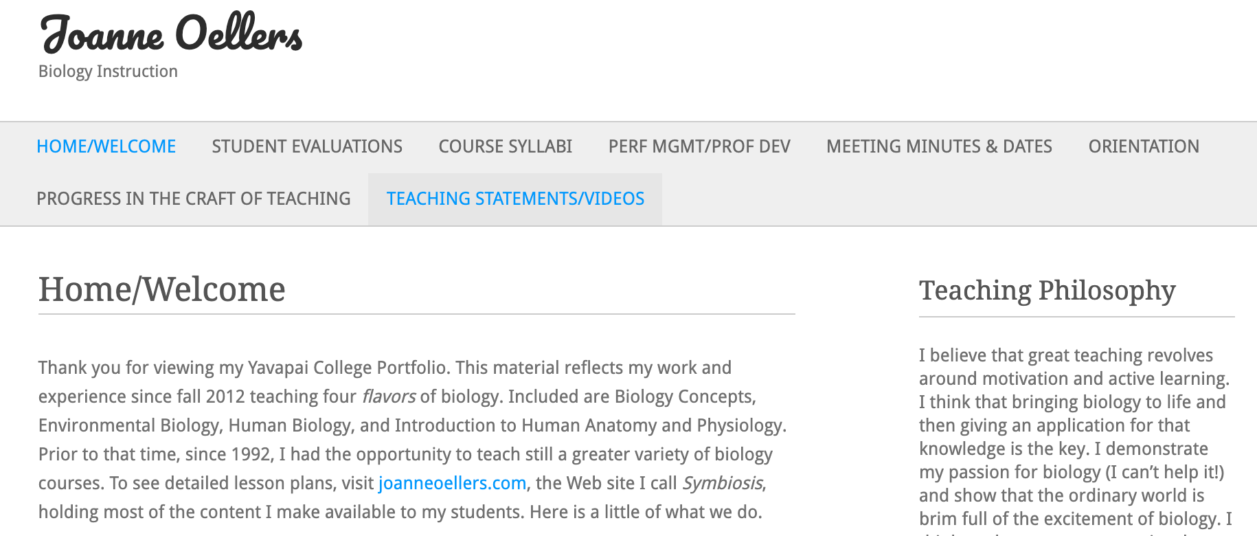 Joanne OOllers website homepage. Site includes links to various writing, classes, reflections, and student surveys.