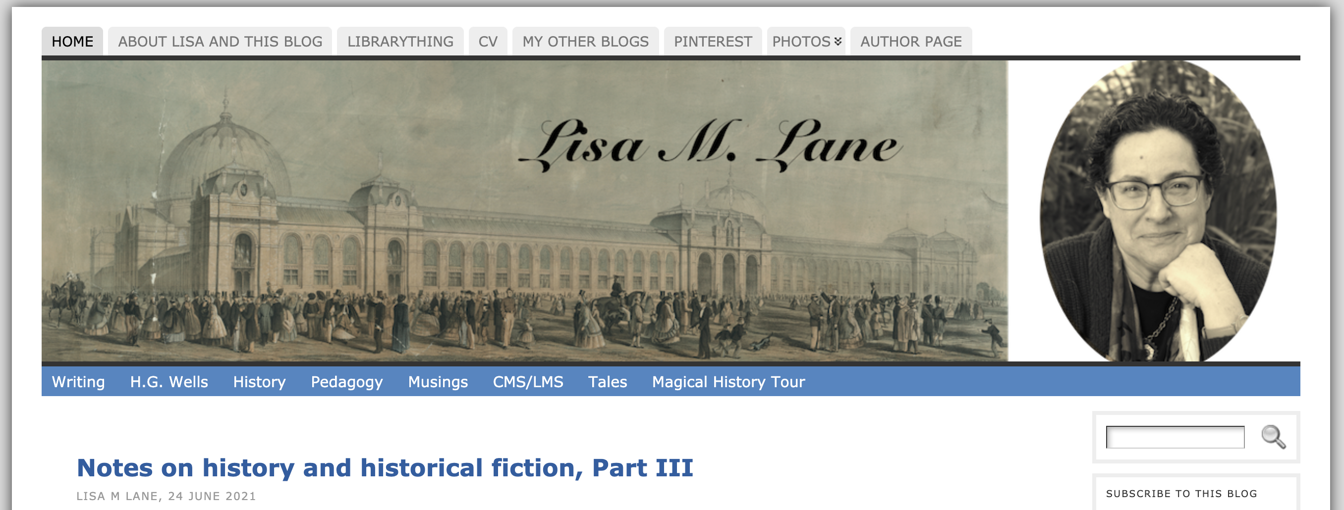 Homepage of Lisa Lane's website with image of her and old victorian style building.