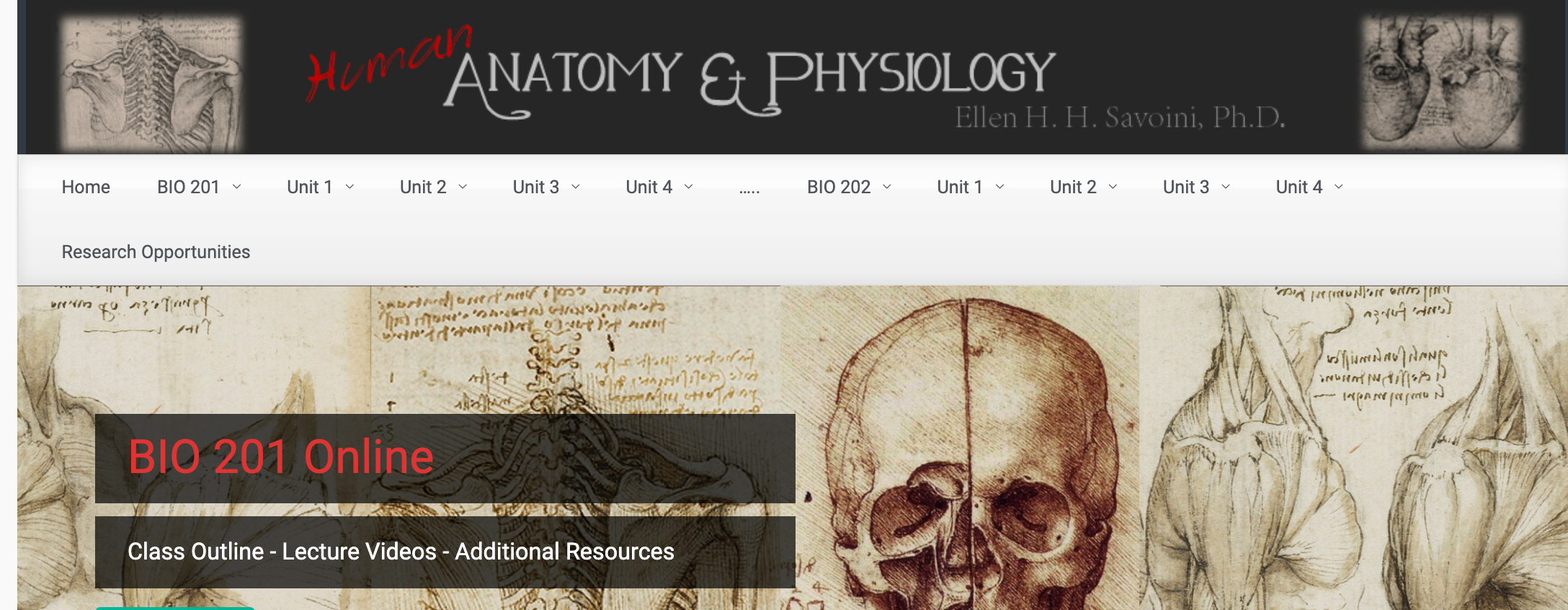 Homepage of Anatomy website with skill and BIO 201 Online resources. 