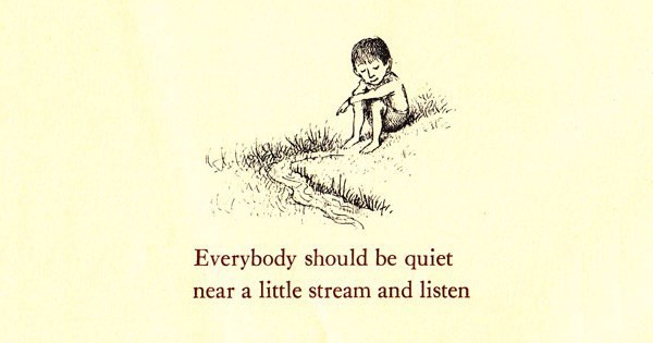 Hand drawing of a child beside a small stream. The text "everyone should be quiet near a small stream and listen." below the drawing.